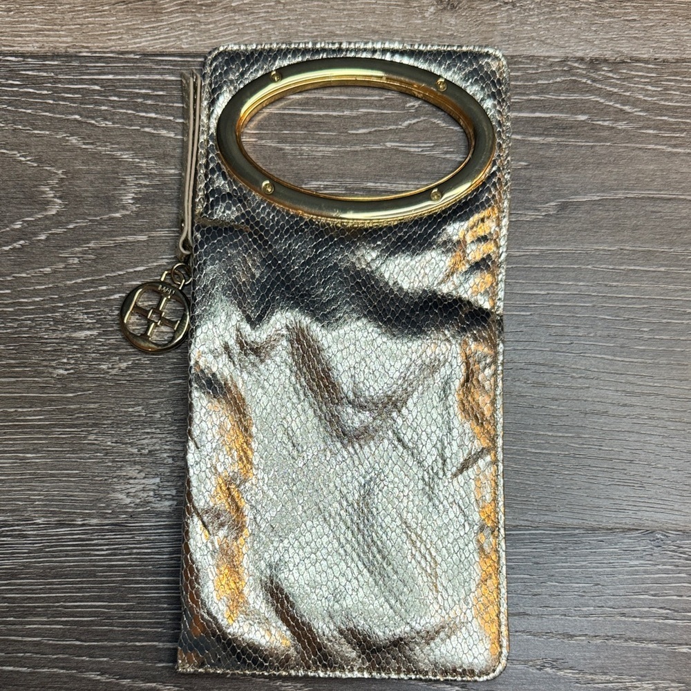 90s IMAN Gold Metallic Faux Leather Gold Oval Handle Wristlet Bag Clutch 0306